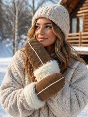 NWT!! Cozy Brown Shearling Mittens In Faux Fur